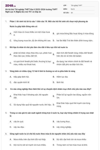 Đề thi thử Tốt nghiệp THPT Địa lí 2025-2026 trường THPT Nghi Lộc 4 (Nghệ An) mã 701 có đáp án