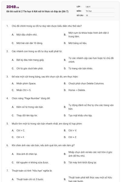 Đề thi cuối kì 2 Tin học 6 Kết nối trí thức có đáp án (Đề 7)