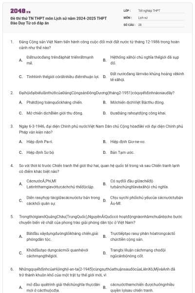 Đề thi thử TN THPT môn Lịch sử năm 2024-2025 THPT Đào Duy Từ có đáp án