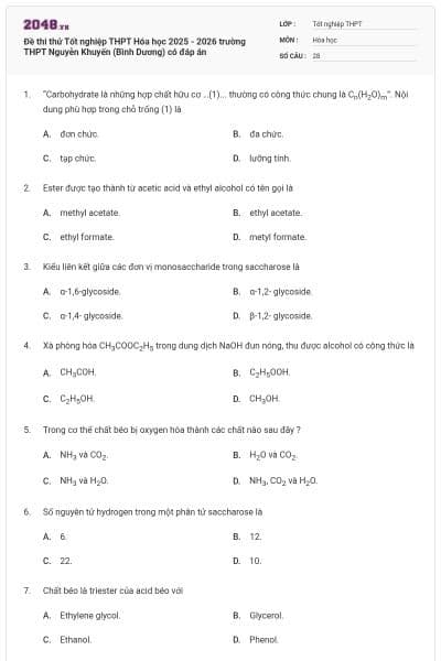 Đề thi thử Tốt nghiệp THPT Hóa học 2025 - 2026 trường THPT Nguyễn Khuyến (Bình Dương) có đáp án