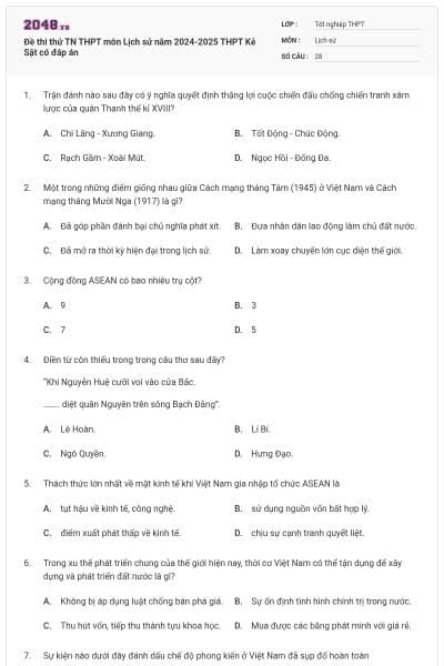 Đề thi thử TN THPT môn Lịch sử năm 2024-2025 THPT Kẻ Sặt có đáp án