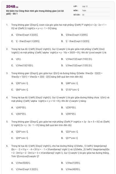 Đề kiểm tra Công thức tính góc trong không gian (có lời giải) - Đề 1