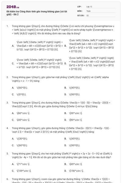 Đề kiểm tra Công thức tính góc trong không gian (có lời giải) - Đề 2