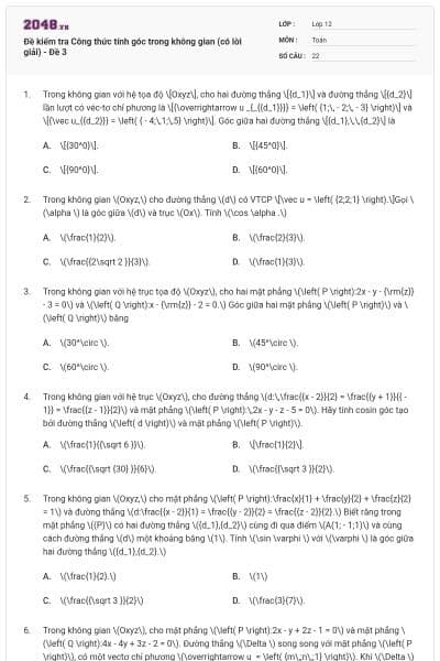 Đề kiểm tra Công thức tính góc trong không gian (có lời giải) - Đề 3