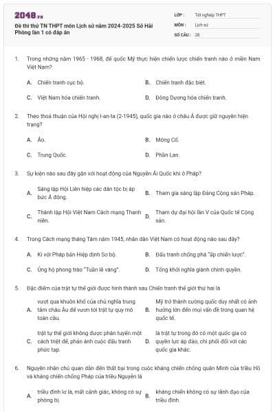 Đề thi thử TN THPT môn Lịch sử năm 2024-2025 Sở Hải Phòng lần 1 có đáp án