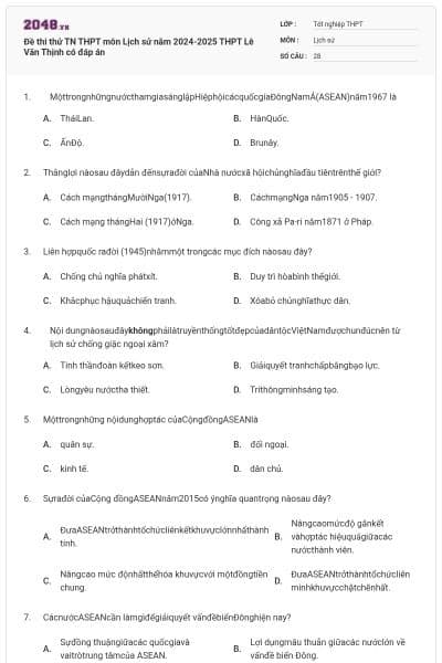 Đề thi thử TN THPT môn Lịch sử năm 2024-2025 THPT Lê Văn Thịnh có đáp án