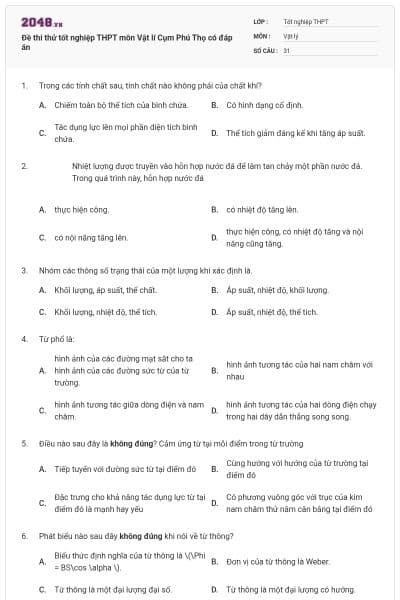 Đề thi thử tốt nghiệp THPT môn Vật lí Cụm Phú Thọ có đáp án