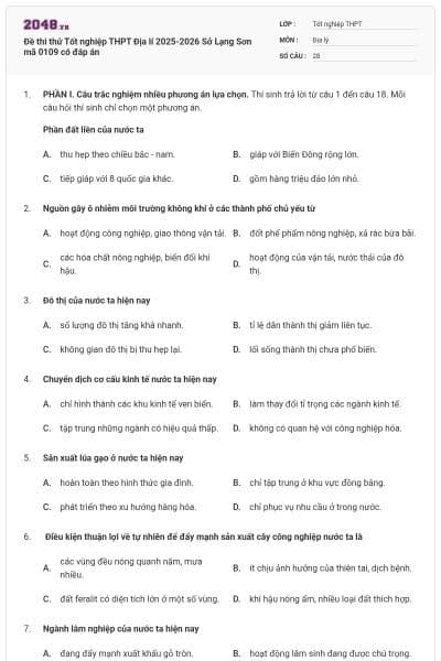 Đề thi thử Tốt nghiệp THPT Địa lí 2025-2026 Sở Lạng Sơn mã 0109 có đáp án