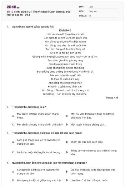 Bộ 10 đề thi giữa kì 2 Tiếng Việt lớp 5 Cánh diều cấu trúc mới có đáp án - Đề 2