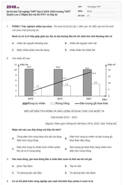 Đề thi thử Tốt nghiệp THPT Địa lí 2025-2026 trường THPT Quỳnh Lưu 2 (Nghệ An) mã đề 0701 có đáp án