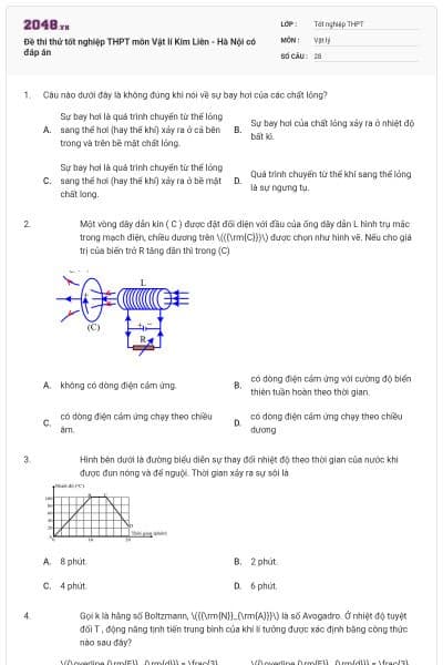 Đề thi thử tốt nghiệp THPT môn Vật lí Kim Liên - Hà Nội có đáp án