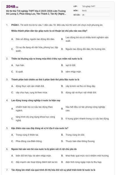 Đề thi thử Tốt nghiệp THPT Địa lí 2025-2026 Liên Trường Đô Lương 3, Phan Đăng Lưu, Yên Thành 2, Tân Kỳ (Nghệ An) mã đề 0702 có đáp án