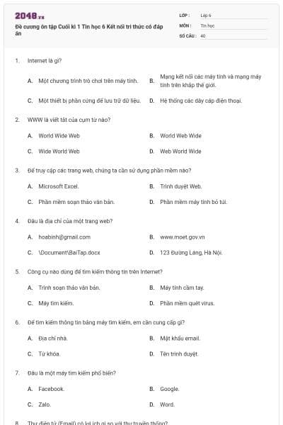 Đề cương ôn tập Cuối kì 1 Tin học 6 Kết nối tri thức có đáp án
