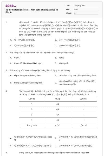 Đề thi thử tốt nghiệp THPT môn Vật lí Thành phố Huế có đáp án