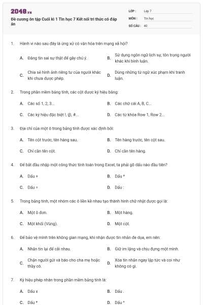 Đề cương ôn tập Cuối kì 1 Tin học 7 Kết nối tri thức có đáp án
