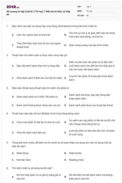 Đề cương ôn tập Cuối kì 2 Tin học 7 Kết nối tri thức có đáp án