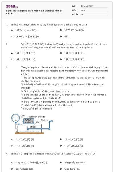 Đề thi thử tốt nghiệp THPT môn Vật lí Cụm Bắc Ninh có đáp án