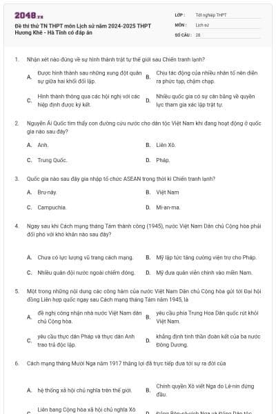 Đề thi thử TN THPT môn Lịch sử năm 2024-2025 THPT Hương Khê - Hà Tĩnh có đáp án