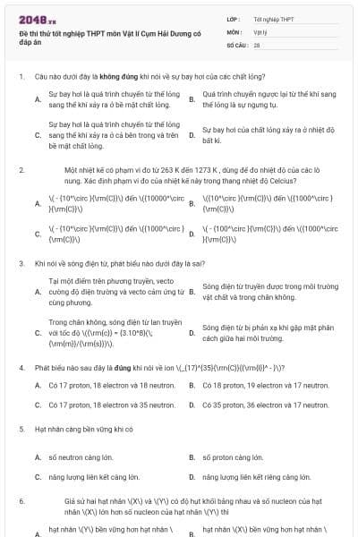Đề thi thử tốt nghiệp THPT môn Vật lí Cụm Hải Dương có đáp án