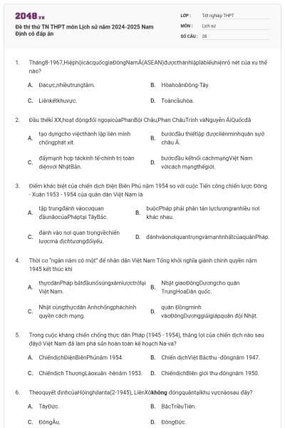 Đề thi thử TN THPT môn Lịch sử năm 2024-2025 Nam Định có đáp án