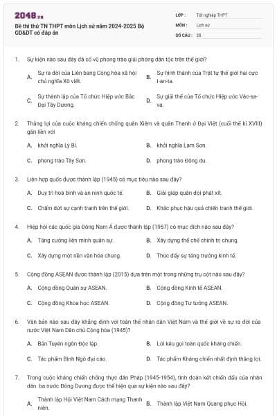 Đề thi thử TN THPT môn Lịch sử năm 2024-2025 Bộ GD&DT có đáp án