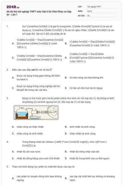 Đề thi thử tốt nghiệp THPT môn Vật lí Sở Vĩnh Phúc có đáp án - Lần 1