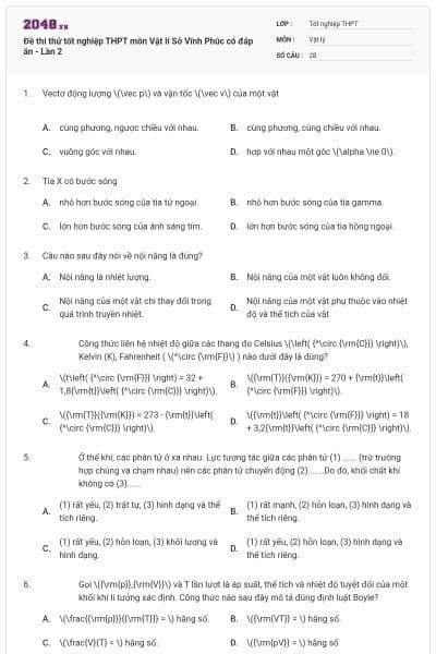Đề thi thử tốt nghiệp THPT môn Vật lí Sở Vĩnh Phúc có đáp án - Lần 2