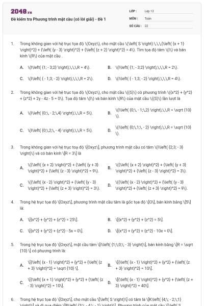 Đề kiểm tra Phương trình mặt cầu (có lời giải) - Đề 1
