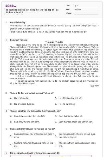 Đề cương ôn tập cuối kì 1 Tiếng Việt lớp 4 có đáp án - Đề thi tham khảo số 6