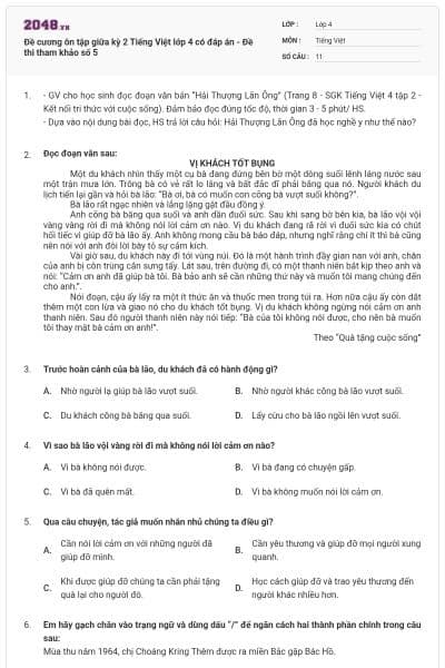 Đề cương ôn tập giữa kỳ 2 Tiếng Việt lớp 4 có đáp án - Đề thi tham khảo số 5