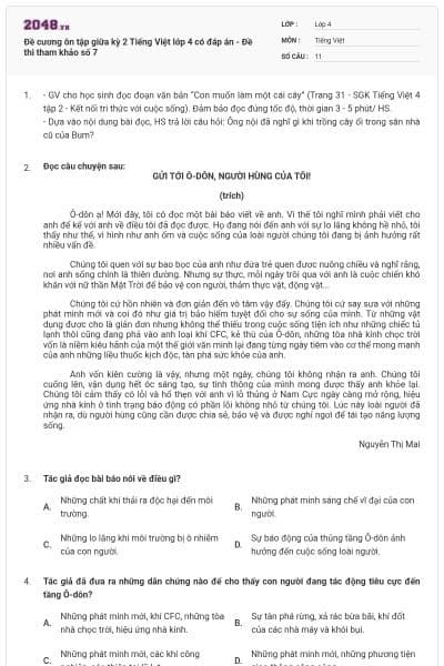 Đề cương ôn tập giữa kỳ 2 Tiếng Việt lớp 4 có đáp án - Đề thi tham khảo số 7