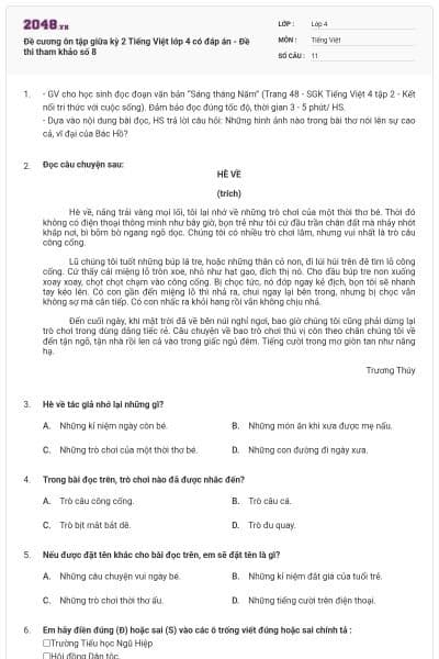 Đề cương ôn tập giữa kỳ 2 Tiếng Việt lớp 4 có đáp án - Đề thi tham khảo số 8