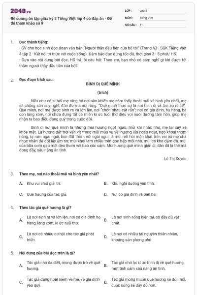 Đề cương ôn tập giữa kỳ 2 Tiếng Việt lớp 4 có đáp án - Đề thi tham khảo số 9