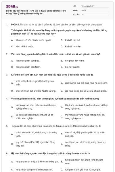 Đề thi thử Tốt nghiệp THPT Địa lí 2025-2026 trường THPT Đông Triều (Quảng Ninh) có đáp án