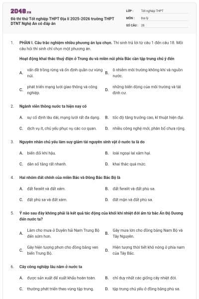 Đề thi thử Tốt nghiệp THPT Địa lí 2025-2026 trường THPT DTNT Nghệ An có đáp án