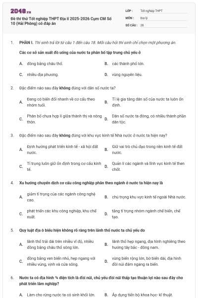 Đề thi thử Tốt nghiệp THPT Địa lí 2025-2026 Cụm CM Số 10 (Hải Phòng) có đáp án