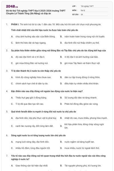 Đề thi thử Tốt nghiệp THPT Địa lí 2025-2026 trường THPT Chuyên Lê Thánh Tông (Đà Nẵng) có đáp án