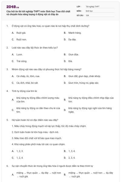 Câu hỏi ôn thi tốt nghiệp THPT môn Sinh học Trao đổi chất và chuyển hóa năng lượng ở động vật có đáp án