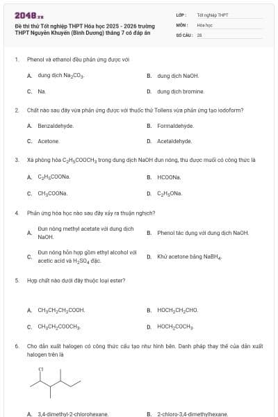 Đề thi thử Tốt nghiệp THPT Hóa học 2025 - 2026 trường THPT Nguyễn Khuyến (Bình Dương) tháng 7 có đáp án