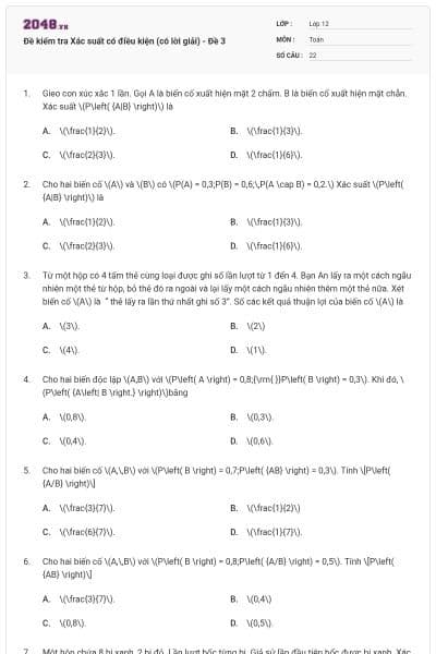 Đề kiểm tra Xác suất có điều kiện (có lời giải) - Đề 3