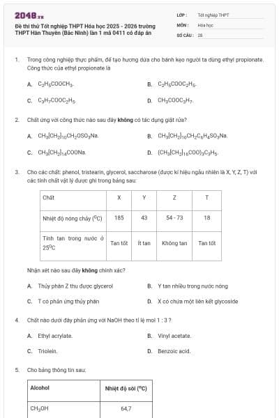 Đề thi thử Tốt nghiệp THPT Hóa học 2025 - 2026 trường THPT Hàn Thuyên (Bắc Ninh) lần 1 mã 0411 có đáp án
