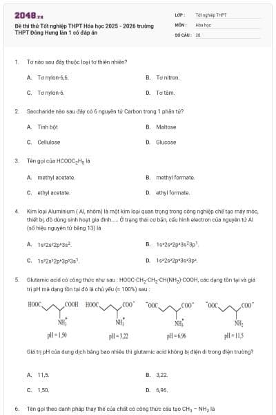 Đề thi thử Tốt nghiệp THPT Hóa học 2025 - 2026 trường THPT Đông Hưng lần 1 có đáp án