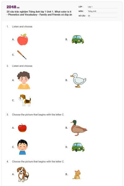 20 câu trắc nghiệm Tiếng Anh lớp 1 Unit 1. What color is it - Phonetics and Vocabulary - Family and Friends có đáp án