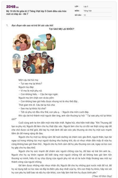 Bộ 10 đề thi giữa kì 2 Tiếng Việt lớp 5 Cánh diều cấu trúc mới có đáp án - Đề 7