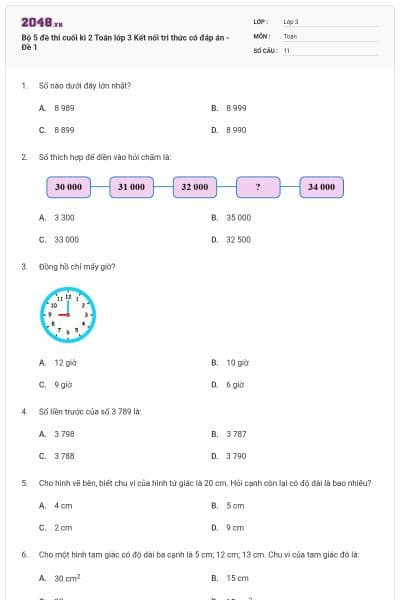 Bộ 5 đề thi cuối kì 2 Toán lớp 3 Kết nối tri thức có đáp án - Đề 1