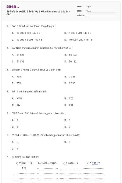 Bộ 5 đề thi cuối kì 2 Toán lớp 3 Kết nối tri thức có đáp án - Đề 1