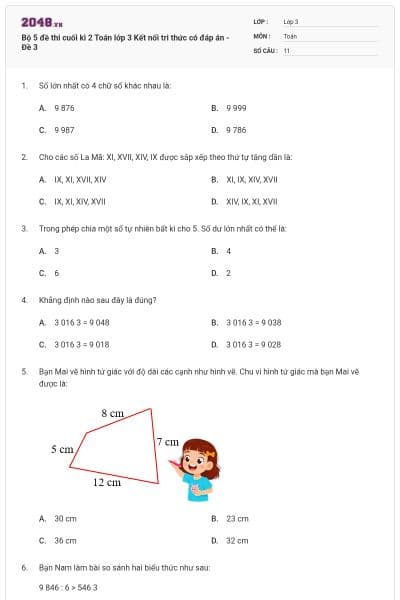 Bộ 5 đề thi cuối kì 2 Toán lớp 3 Kết nối tri thức có đáp án - Đề 3
