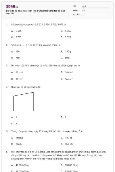 Bộ 5 đề thi cuối kì 2 Toán lớp 3 Chân trời sáng tạo có đáp án - Đề 1