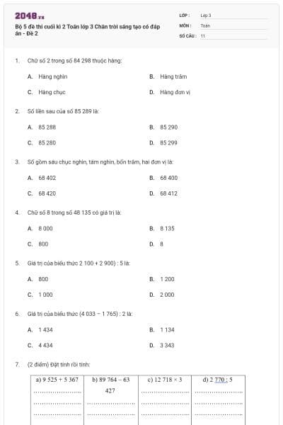 Bộ 5 đề thi cuối kì 2 Toán lớp 3 Chân trời sáng tạo có đáp án - Đề 2
