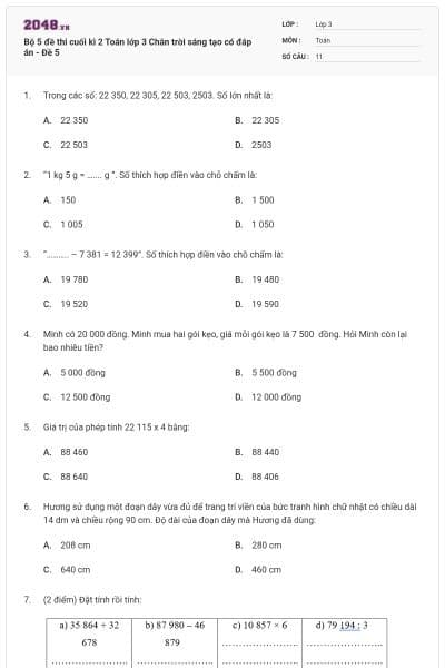 Bộ 5 đề thi cuối kì 2 Toán lớp 3 Chân trời sáng tạo có đáp án - Đề 5